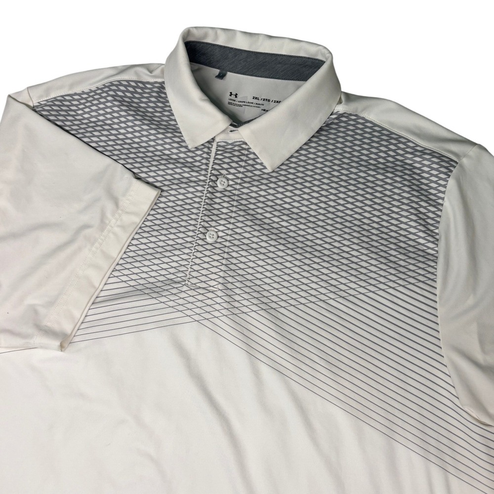 Under Armour Polo Shirt Men 2XL White Grey HeatGear Geometric Short Sleeve Loose